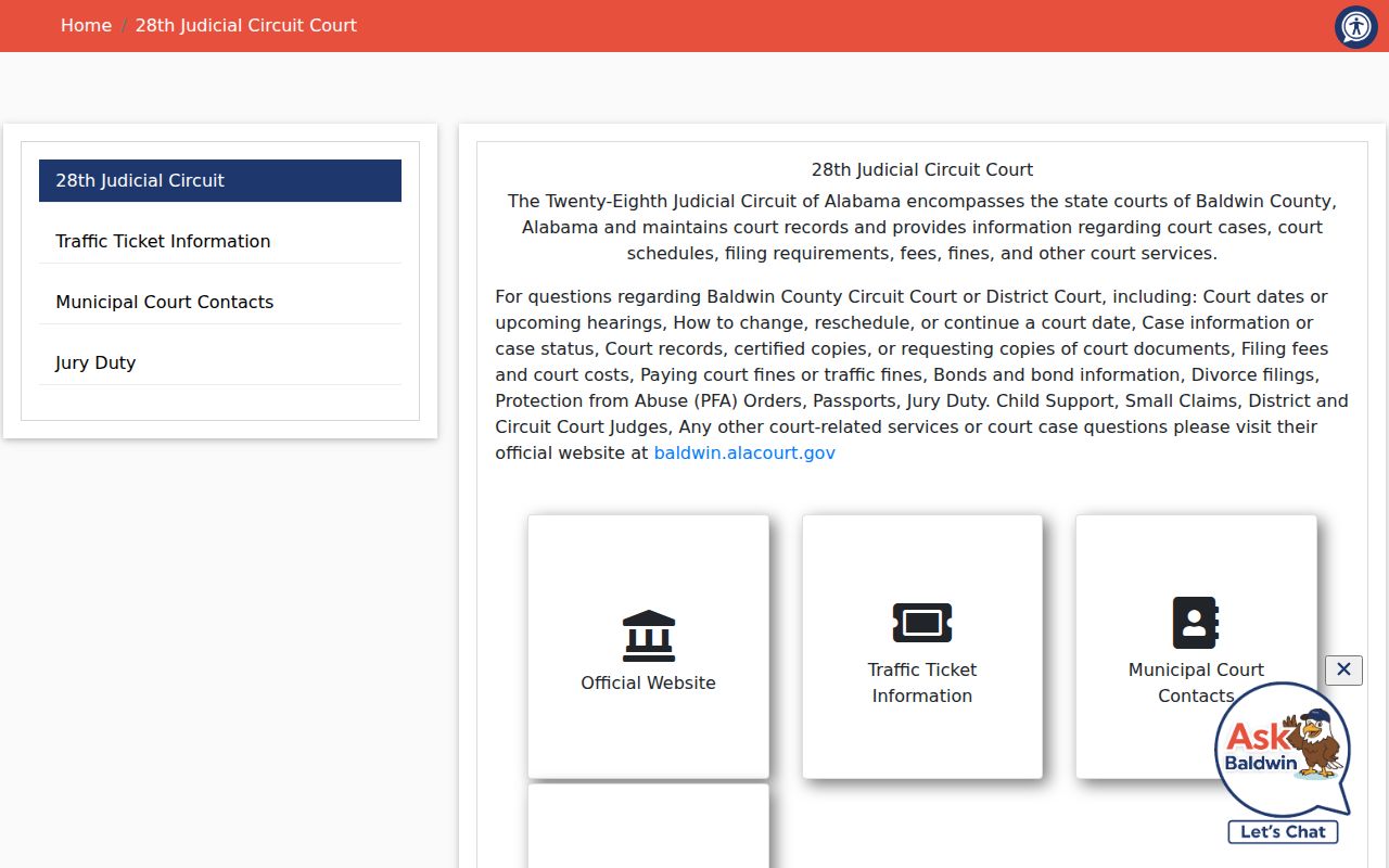 Baldwin County court routing page for Circuit Court docket questions
