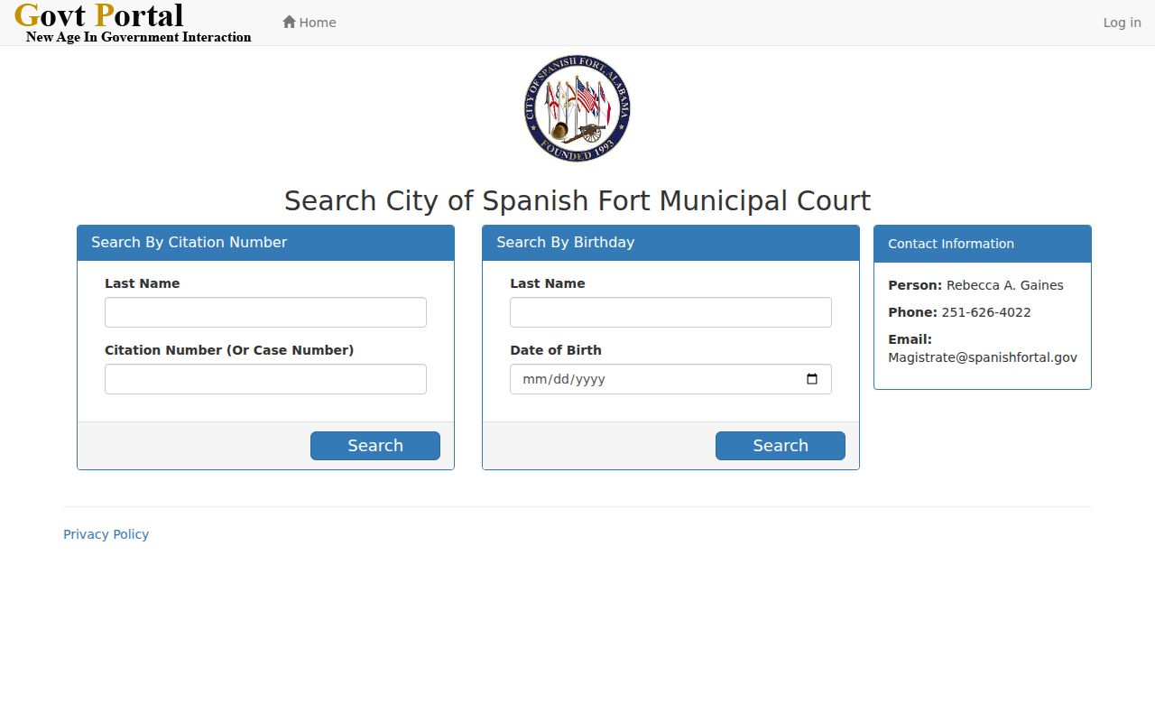Spanish Fort municipal docket ticket search fields